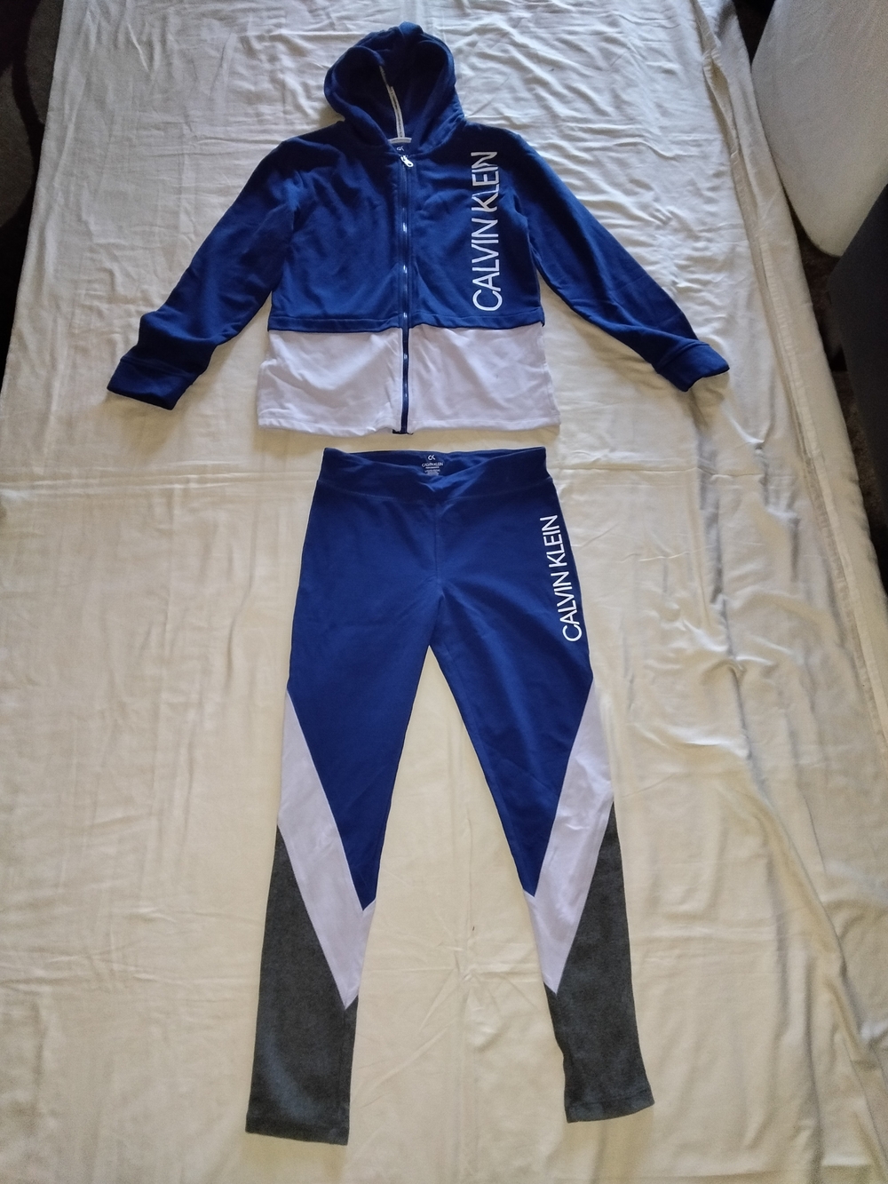 Calvin Klein Blue & White Zip Hoodie with Colorblock Leggings Set